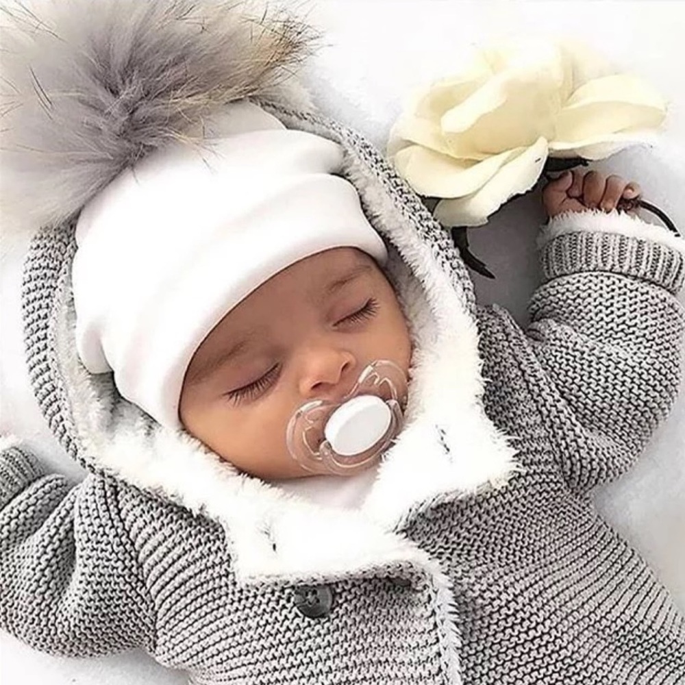 Blue Baby Beanie Hat with Gray Pom Pom and Earflaps - Picture 2 of 15